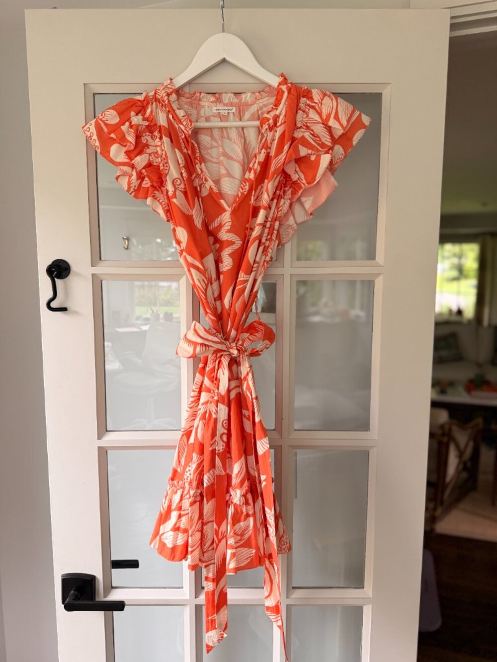 Orange & Ivory Floral Ruffle Sleeve Belted Midi Dress